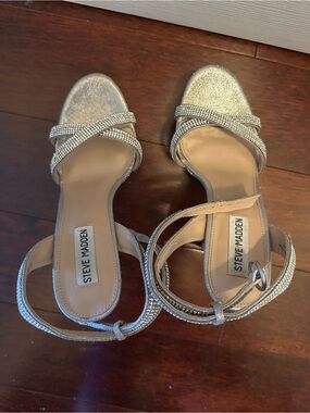 Steve Madden Silver Rhinestone Wrap-Ankle Open-Toe Heels